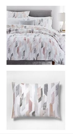 two pictures of a bed with white sheets and pillow cases, one in grey and the other in pink