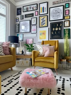 a living room filled with furniture and pictures on the wall