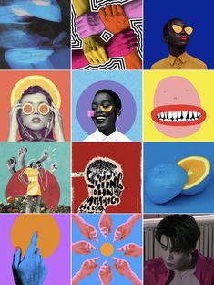 a collage of images with different colors and shapes