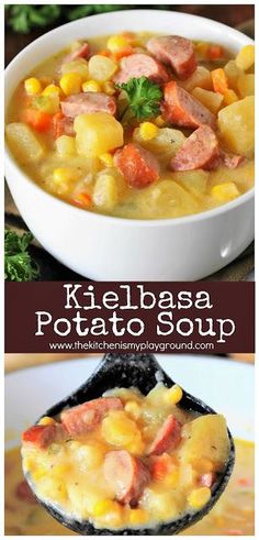 kielbasa potato soup in a white bowl with a spoon