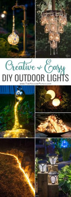 outdoor lighting that looks like it is made out of wood and string lights, with the words creative easy diy outdoor lights