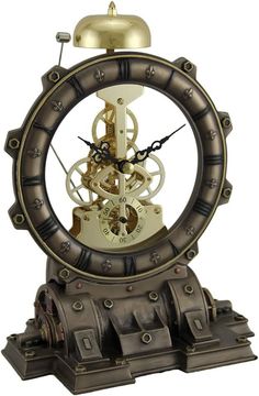 an antique clock with gears and wheels on a white background