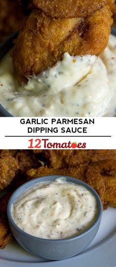 two pictures showing different types of dipping sauces and chicken wings with text overlay that reads garlic parmesan dipping sauce