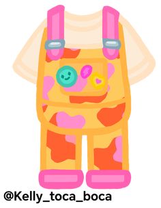 a yellow and pink backpack with buttons on it's chest, in front of a white t - shirt that says kelly toca boca