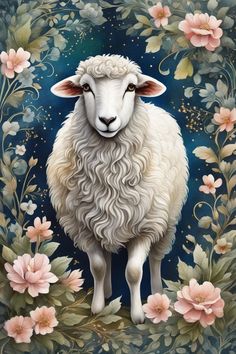 a painting of a sheep surrounded by flowers