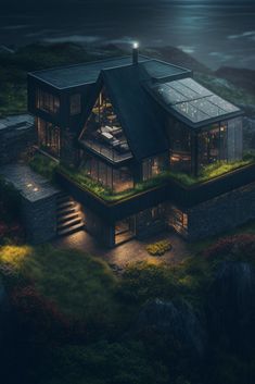 #modern_house #design #cliffs #glass #nature #intergration #gardern #villa #night #gloomy #rain $stars #night #calming #sea_breeze #illumination 3d Building Design, Futuristic House, Dark Modern, Casas The Sims 4, Unique House Design, Fantasy House, Unique Houses