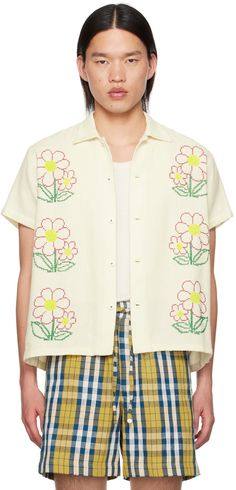 Hand-woven cotton shirt. Floral pattern cross-stitched throughout. · Spread collar · Button closure Supplier color: Off white Design Tshirts, White Cross, Stitch Shirt, White Crosses, Clothing Design, Woven Cotton, Summer 2024, Design Inspo, Cotton Weaving