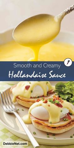 a plate with eggs and cheese on it next to a spoon filled with hollandaise sauce