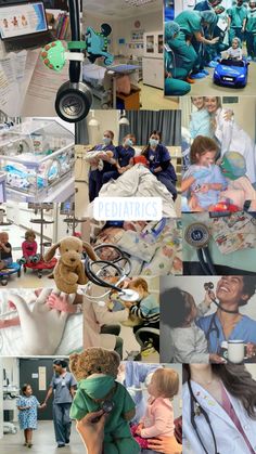 collage of doctors, nurses and children in the hospital