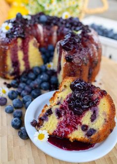 a blueberry bunt cake on a white plate