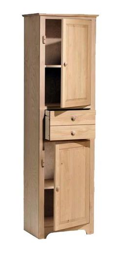 a tall wooden cabinet with two doors and drawers on the bottom, one door open