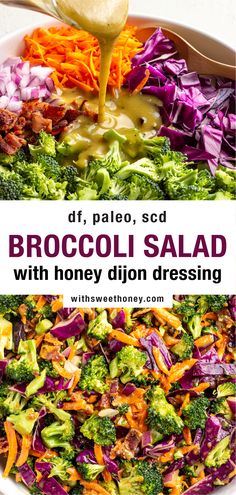 broccoli salad with honey dijon dressing drizzled over it in a white bowl