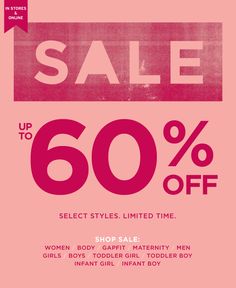 a pink background with the words sale up to 60 % off select styles limited time