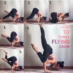 the woman is doing yoga poses on her stomach and knees, with four pictures showing how to do it