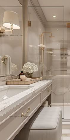 a bathroom with a vanity, mirror and stool