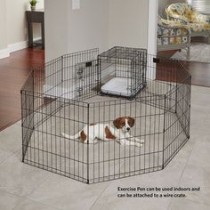 a dog is laying on the floor in a cage that has its front door open