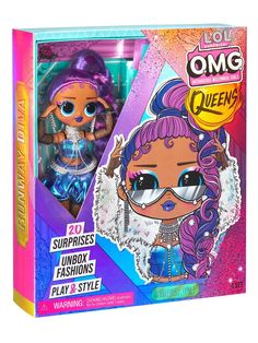 the packaging for lol omg queen doll with purple hair and eyeliners