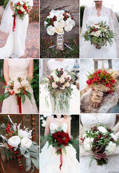 wedding bouquets with red flowers and greenery are arranged in multiple pictures, including the bride's bouquet