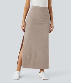 Discover Women’s Ribbed High Waisted Split Hem A Line Maxi Casual Skirt at Halara, Crowd-Approved Affordable Choices Made For What Moves You. Brown Ribbed Midi Skirt, Cheap Summer Split Bottoms, Brown Knit Midi Skirt, Sndys Baha Ribbed Skirt, Affordable High Waist Skirt From Forever 21, Cheap Women's Skirt With Split Hem, Crop Sweater Maxi Skirt, Rib Knit Maxi Skirt, Ribbed Split Skirt