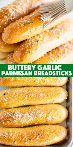 buttery garlic parmesan breadsticks in a baking pan with a fork