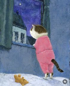 a painting of a cat in pajamas looking out the window