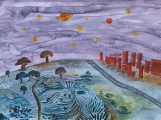 a drawing of a landscape with trees, buildings and planets in the sky above it