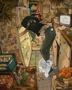 a painting of a person in a kitchen with an animal on the floor next to it