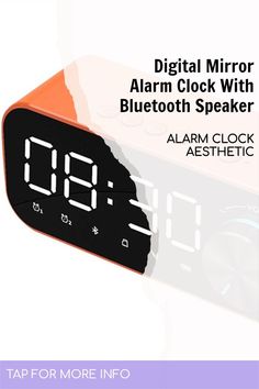 an alarm clock with the words digital mirror alarm clock with bluetooth speaker on it