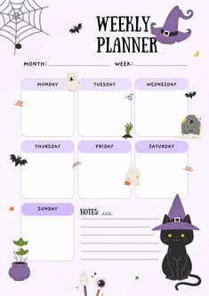 a printable weekly planner with witches, bats and pumpkins on the front page