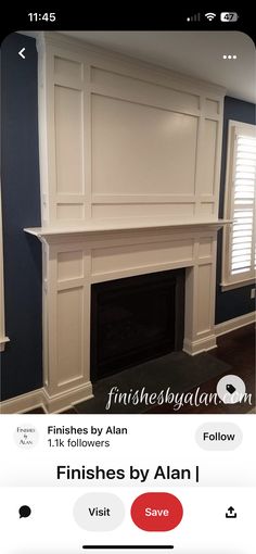 the fireplace is painted white and has blue walls