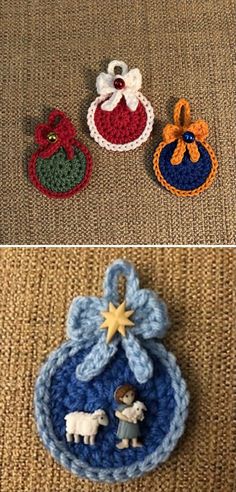 three crocheted ornaments are shown in different colors and sizes, including one with an ornament