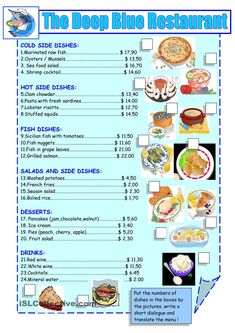 the deep blue restaurant menu is shown with pictures and information for each item in it