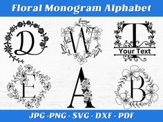 floral monogram alphabets with flowers and leaves in the middle, on a white background