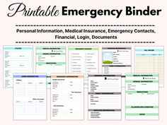 the printable emergency binder for personal information, medical insurance, emergency contacts, financial, login documents