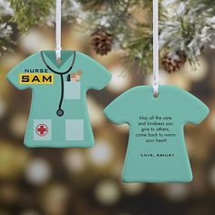 two christmas ornament shaped like medical scrubs