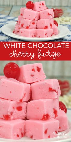 white chocolate cherry fudge is stacked on top of each other with cherries in the middle