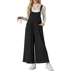 Cueply Women's Fashion Fall Winter Overalls Jumpsuits Casual Sleeveless Wide Leg Long Pants This high-quality fabric ensures superior warmth and comfort in chilly weather. Adjustable suspenders for a personalized fit, stylish wide-leg design, practical pocket layout, and easy maintenance, making them a versatile and appealing choice for women's autumn/winter fashion needs. Stay cozy and chic this fall and winter with our must-have women's warm wide-leg overall pants, designed to effortlessly mat Black High Waist Jumpsuits And Rompers With Pockets, Black High-waist Jumpsuits And Rompers With Pockets, Black Casual Overalls, Black Relaxed Fit Wide Leg Jumpsuits And Rompers, Black Full-length Jumpsuits And Rompers For Fall, Black Non-stretch Overalls With Pockets, Black Non-stretch Jumpsuits And Rompers For Fall, Black High Waist Jumpsuits And Rompers For Fall, Black High-waist Jumpsuits And Rompers For Fall