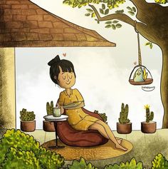 a woman sitting on a chair with a plate in her hand and potted plants behind her