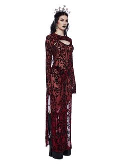 cuz everyones waiting for you to arrive. This maxi dress has a sheer construction, velvet flocked design,a picot trim, side slits, and a matching long sleeve shrug. Dress Shrug, Long Sleeve Shrug, Red Dolls, Shrug For Dresses, Mesh Maxi Dress, Free Socks, Gothic Fashion, Dolls Kill, Exclusive Collection