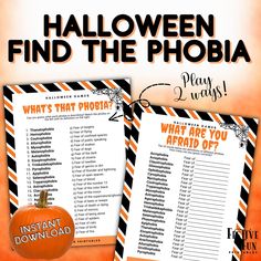 halloween find the phobia game with an orange pumpkin