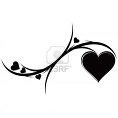 a black and white heart on a branch with hearts in the corner, isolated against a white background