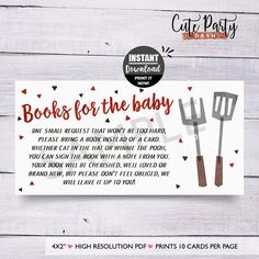 a card with the words books for the baby written on it and two gardening utensils