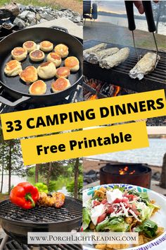 camping meals are being cooked on the grill with text overlay that reads, 3 camping dinners free printable