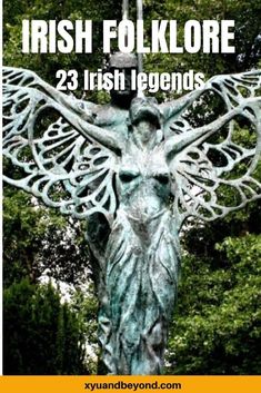 the irish folklore book cover with an image of a statue in front of some trees