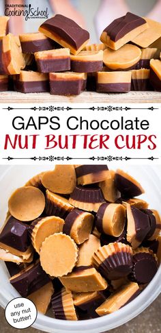 chocolate peanut butter cups in a white bowl with text overlay that reads gapps chocolate nut butter cups