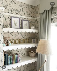 there is a shelf with books on it and a lamp next to the bookcase