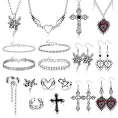 PRICES MAY VARY. 【❂18PCS PUNK JEWELRY SET】❂：The punk grunge set includes 4 pairs of goth chain necklace,which include various elements such as ruby cross heart butterfly pentagram,4 pairs of y2k vintage dangle earrings, 6 punk adjustable knuckle rings, and 4 punk chain silver bracelets. This vintage y2k necklace rings jewelry set combines the current popular fashion elements, multiple gothic style shapes to meet your daily outfit. 【✟HIGH-QUALITY MATERIAL】✟:The aesthetic jewelry punk set are made Romantic Goth Accessories, Emo Accessories 2000s, Y2k Accessories Ideas, Y2k Grunge Jewelry, Goth Amazon Finds, Weirdcore Jewelry, Y2k Wishlist, Goth Punk Outfits, Maxi Jewelry