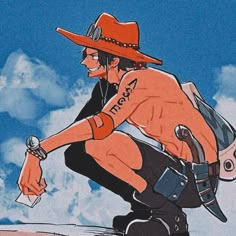 a drawing of a man in a cowboy hat kneeling on the ground holding a bottle