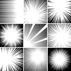 four different black and white sunbursts in the same pattern, each with one light