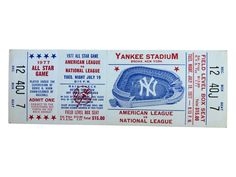 the ticket for yankee stadium is shown in red, white, and blue with an american league logo on it